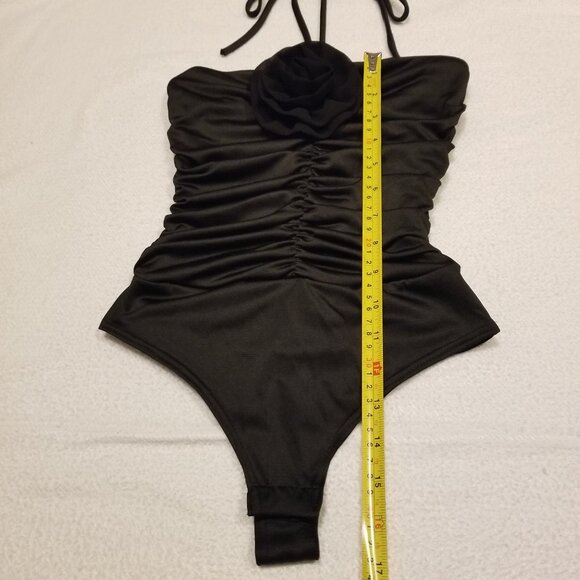 NWT Bodysuit with Rosette Black Halter Tube Top Shirt Ruched Sleeveless XS Gaze - Picture 12 of 13